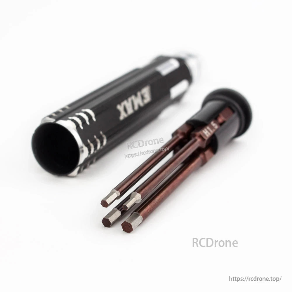 EMAX 4-in-1 Allen driver tool with four hex bits laid out beside the handle