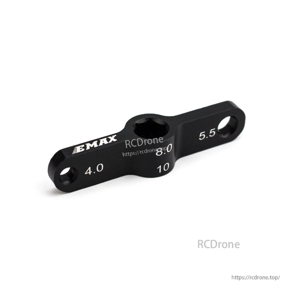 Side angle of black EMAX multi-size nut wrench with 4.0, 5.5, 8.0 and 10 markings