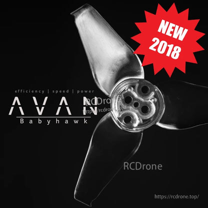AVAN Babyhawk propeller promotional graphic on black background with "New 2018" badge