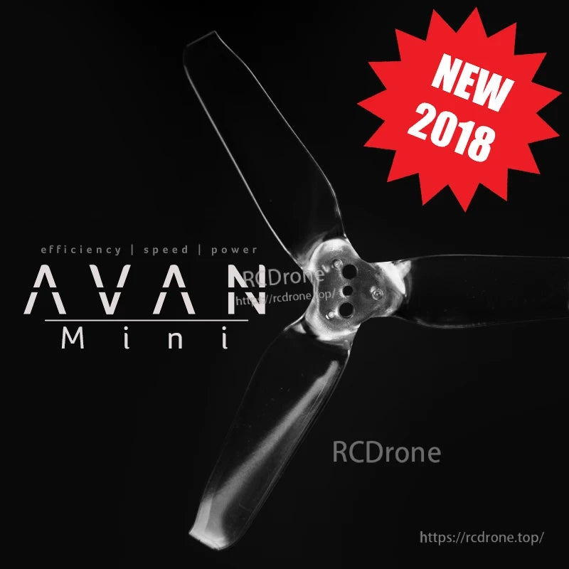 EMAX AVAN Mini 3-inch propeller product graphic on black background with "AVAN Mini" and "NEW 2018" text