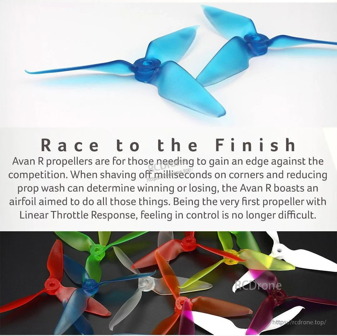 AVAN-R promotional panel with blue tri-blade props and assorted AVAN prop colors on dark background