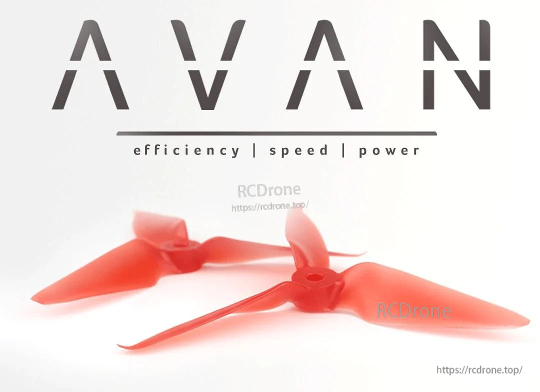 EMAX AVAN-S 5in 2-blade FPV racing propeller pair in red, AVAN efficiency speed power graphic