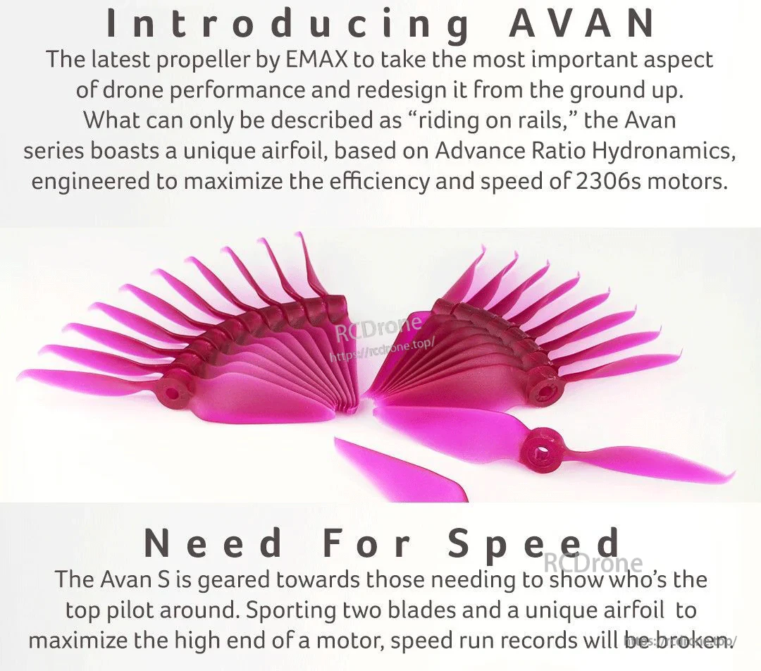 AVAN series introduction card with propeller airfoil concept and AVAN-S “Need For Speed” two-blade focus