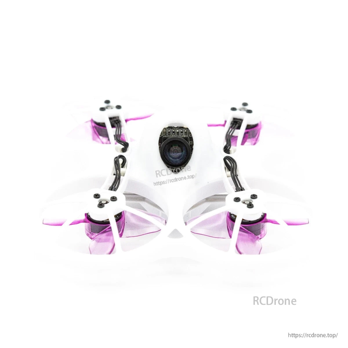 Purple 4-blade propellers installed on a micro whoop FPV drone, top view with camera