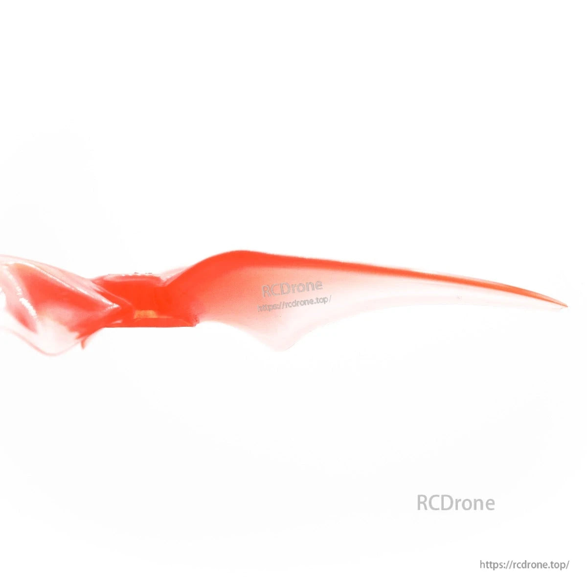 Side profile of translucent red 3-blade propeller showing blade pitch and thickness