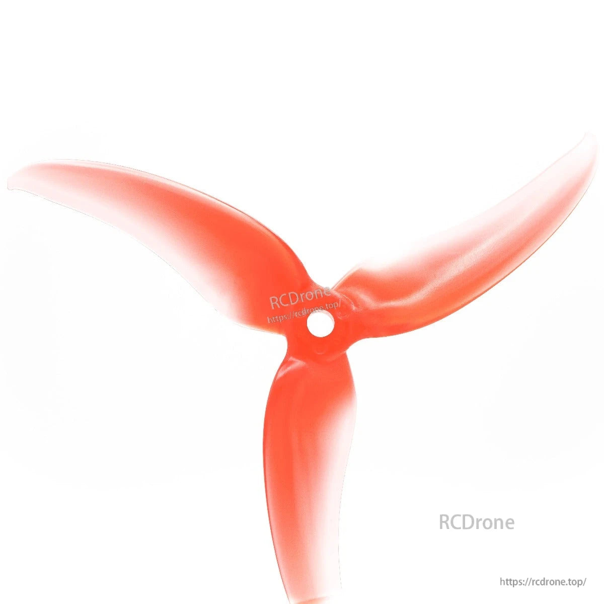 Rear view of translucent red 3-blade propeller showing 5mm center bore and blade pitch