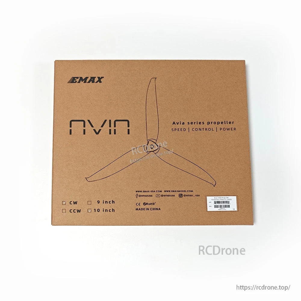EMAX Avia series propeller box packaging for Avia 1050-3 10 inch, CW/CCW options shown