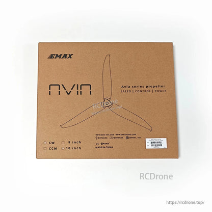EMAX Avia series propeller box packaging for Avia 1050-3 10 inch, CW/CCW options shown