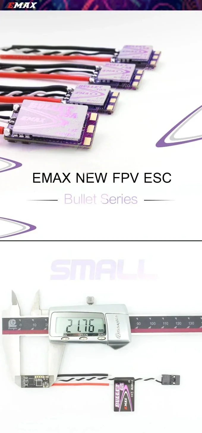 EMAX Bullet Series 35A BLHeli_S ESC lineup with compact purple boards and silicone motor wires