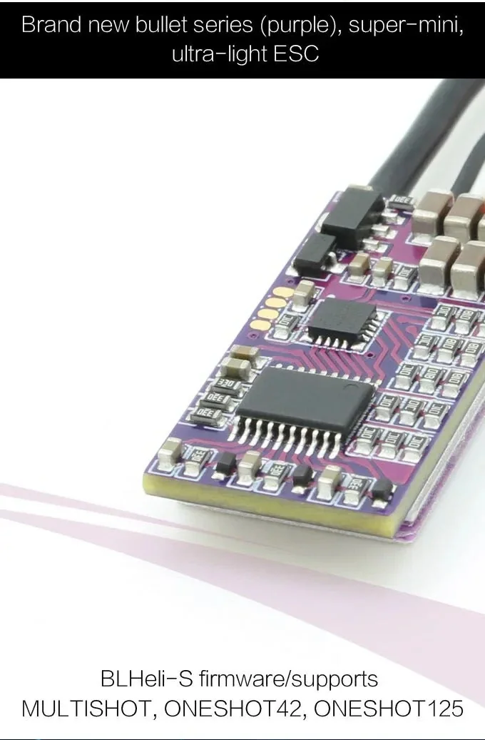 Close-up of EMAX Bullet Series 35A BLHeli_S ESC PCB with BLHeli_S firmware and MULTISHOT/ONESHOT pads
