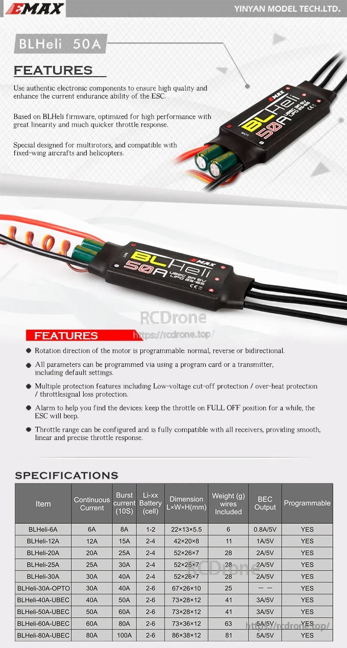 EMAX BLHeli Series 50A UBEC ESC overview graphic with feature bullets and full BLHeli ESC specification table