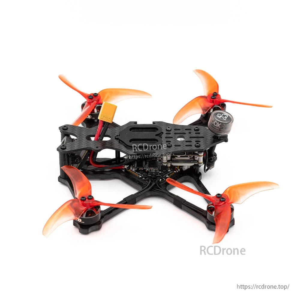 3.5-inch FPV quad side angle showing battery lead and rear antenna mount on carbon frame