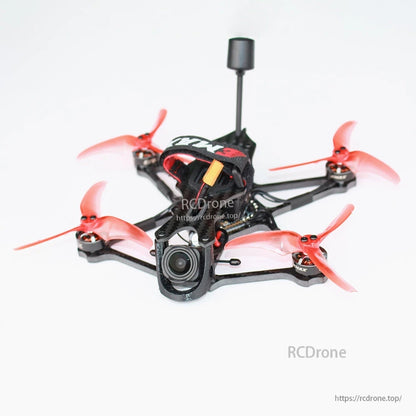 EMAX Babyhawk O3 3.5 inch FPV drone three-quarter view showing camera, red props and top strap