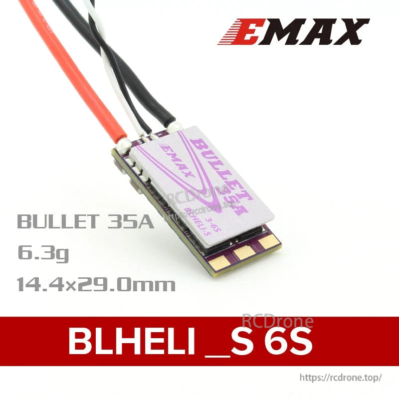 EMAX Bullet 35A BLHeli_S ESC promo graphic showing dimensions 14.4x29.0mm and weight 6.3g