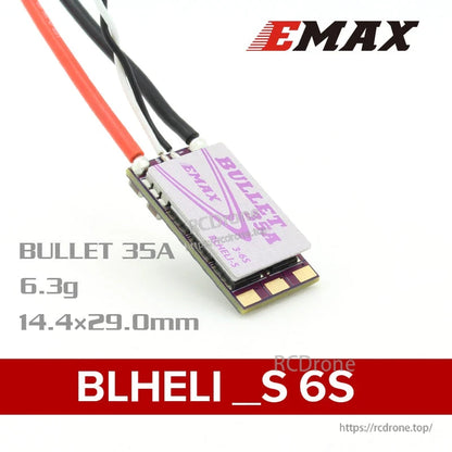 EMAX Bullet 35A BLHeli_S ESC promo graphic showing dimensions 14.4x29.0mm and weight 6.3g