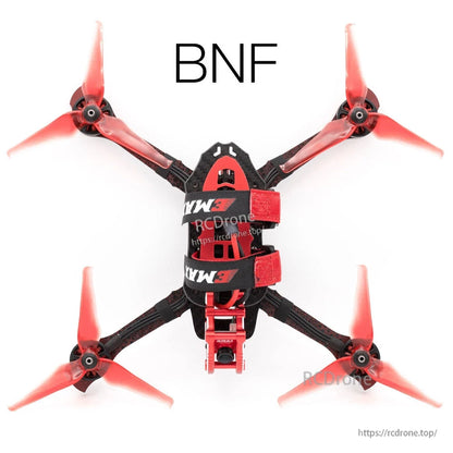 Top-down BNF view of quadcopter with red propellers and battery straps on carbon frame