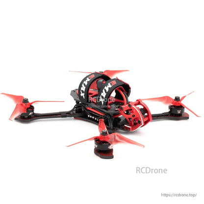 Low side angle view showing red aluminum camera cage and carbon frame arms with red props