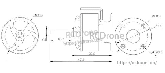 CF2812 motor mechanical dimensions drawing with Ø28.5 mm diameter, 3 mm shaft, mounting hole pattern and lengths