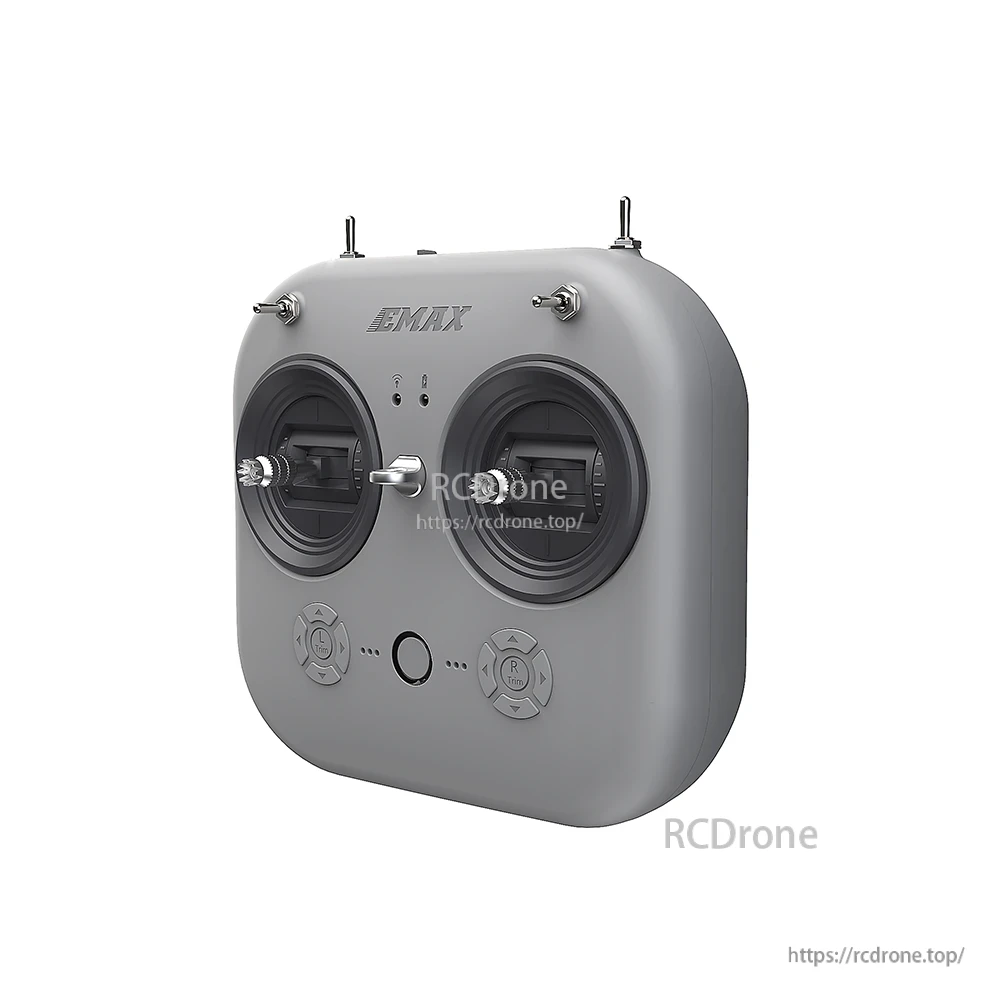 Side profile of the EMAX E8 transmitter housing, grey shell (center detail obscured)