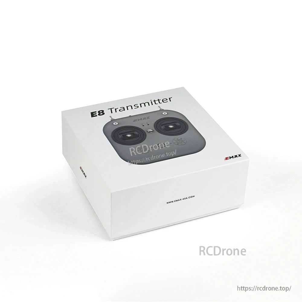 Retail box packaging for EMAX E8 Transmitter with product image printed on top