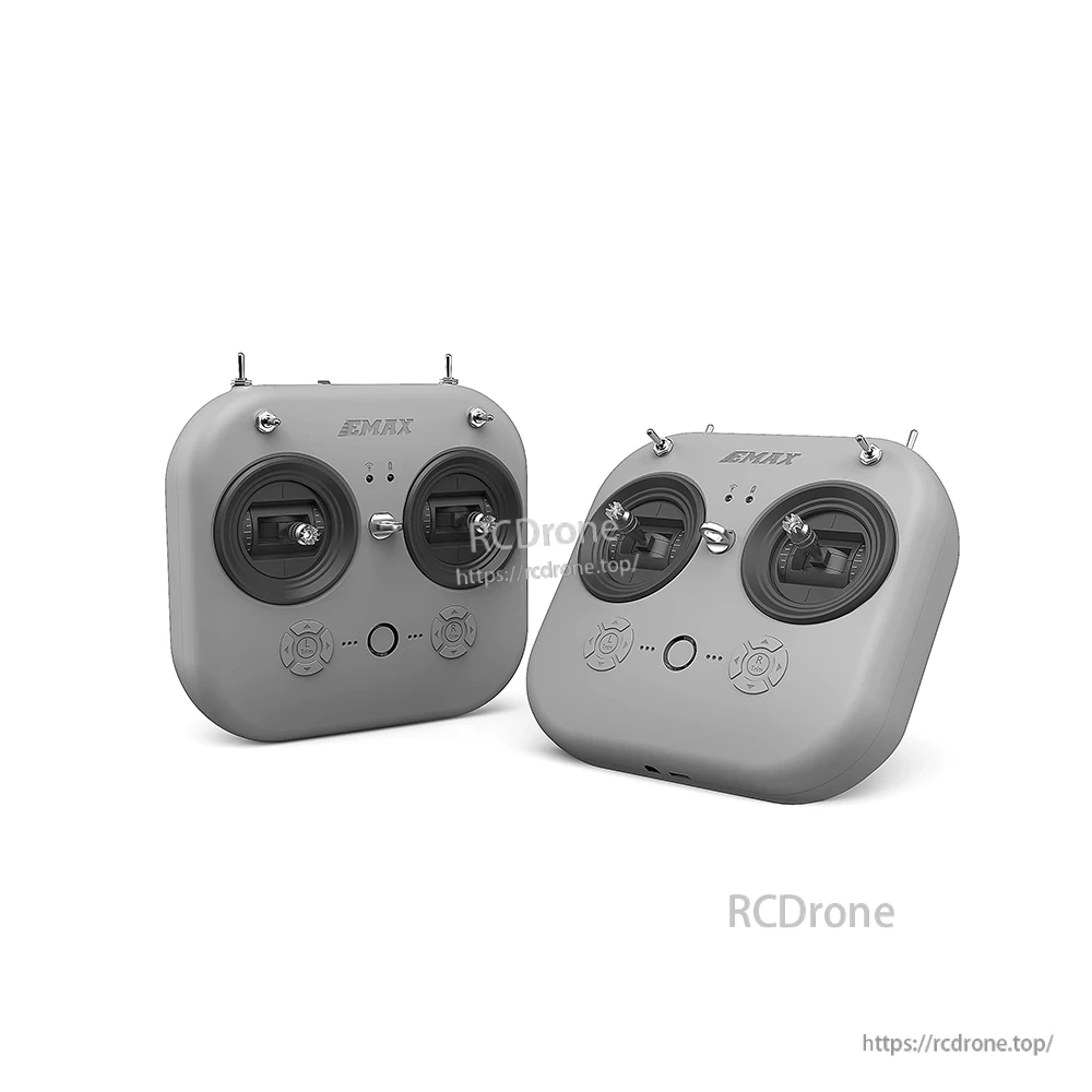 EMAX E8 transmitter shown in two angles: side/rear profile and front angled view