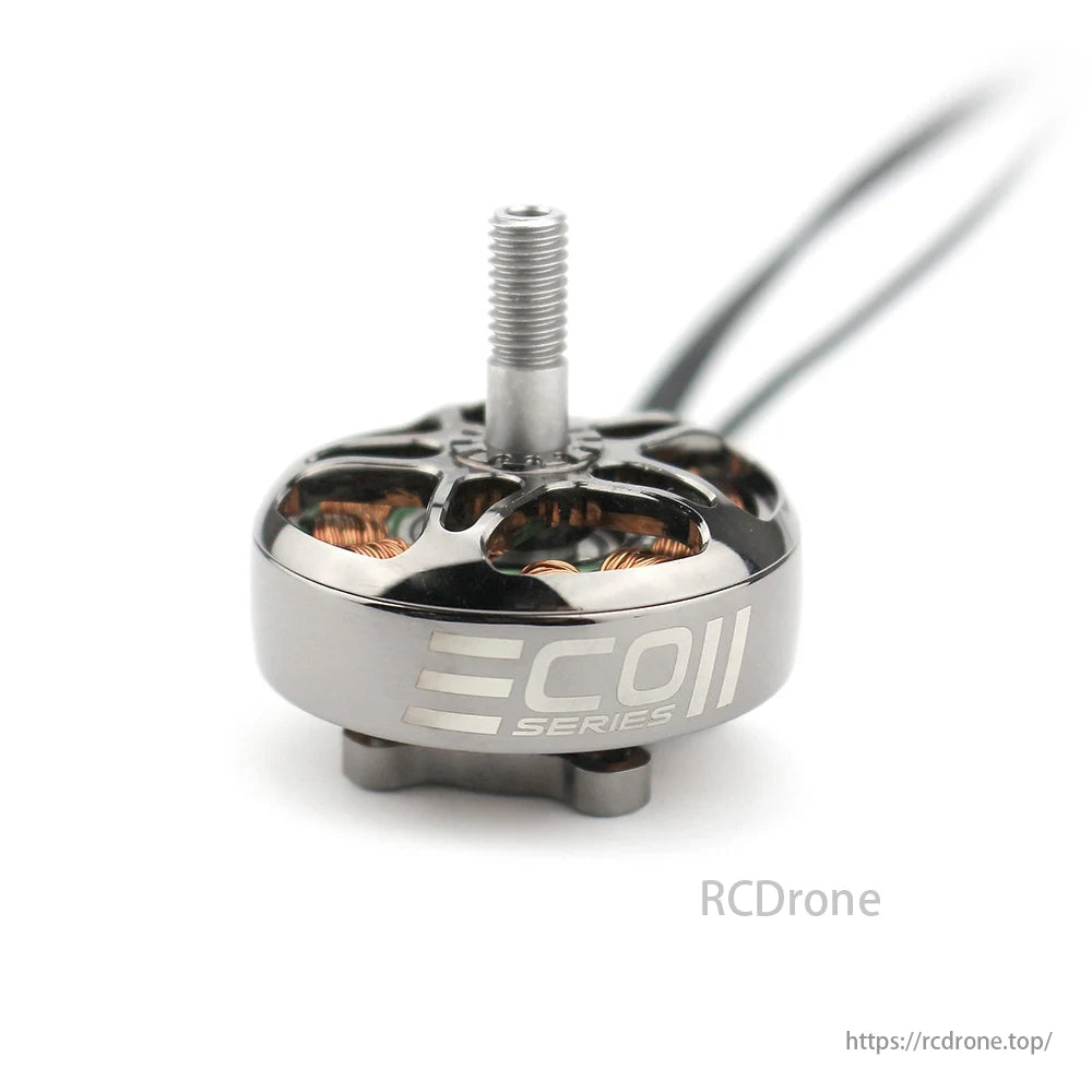 EMAX ECOII 2807 Brushless Motor, Built with 12N14P framework, CNC-machined aluminum bell, 4mm shaft, high-quality silicone wires, and efficient cooling.