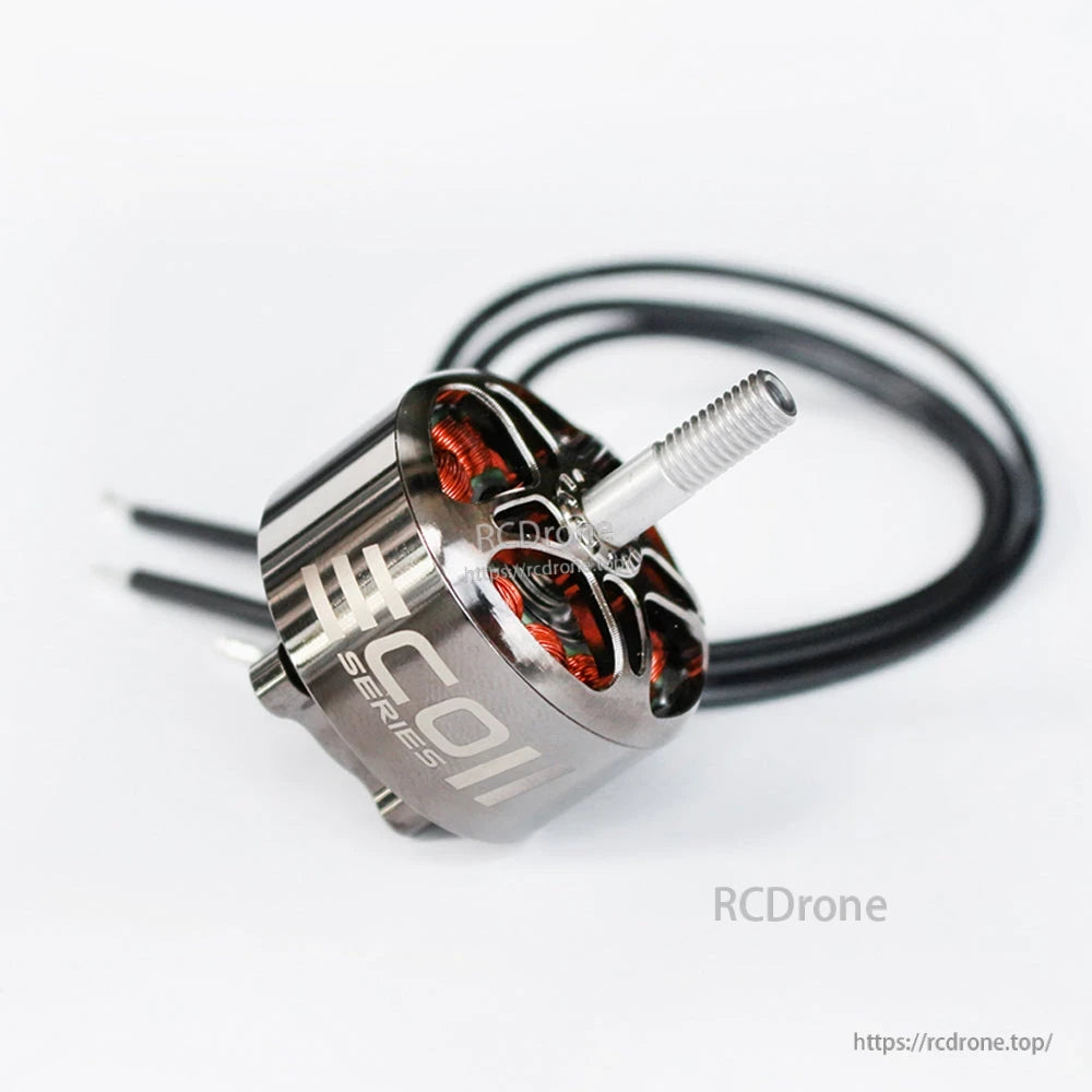 ECOII Series brushless motor side view with threaded shaft and three lead wires