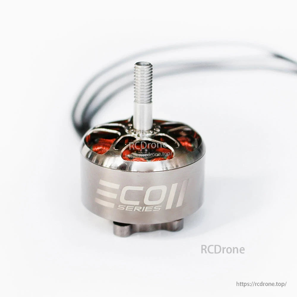 EMAX ECOII Series motor front view with threaded shaft and open bell windings