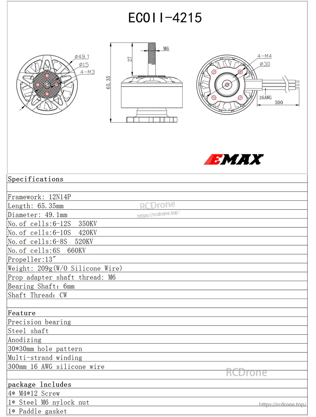 EMAX ECOII 4215 brushless motor dimension drawing with 30×30 mm mount pattern and M6 CW shaft thread