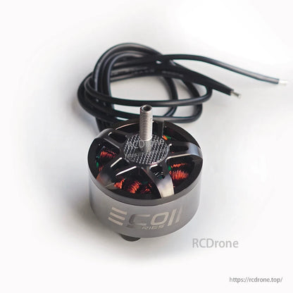 EMAX ECOII 4215 brushless motor top view showing rotor vents, copper windings, and threaded shaft