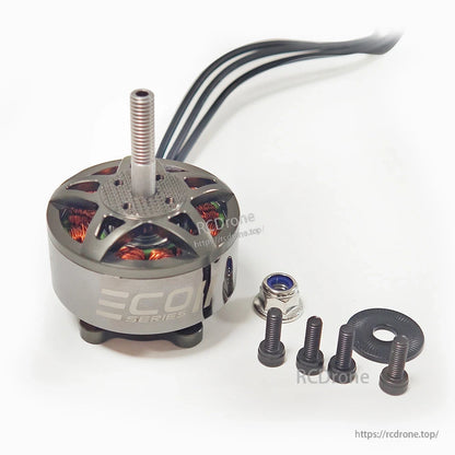 Brushless motor with included hardware: lock nut, washer and four mounting screws beside motor