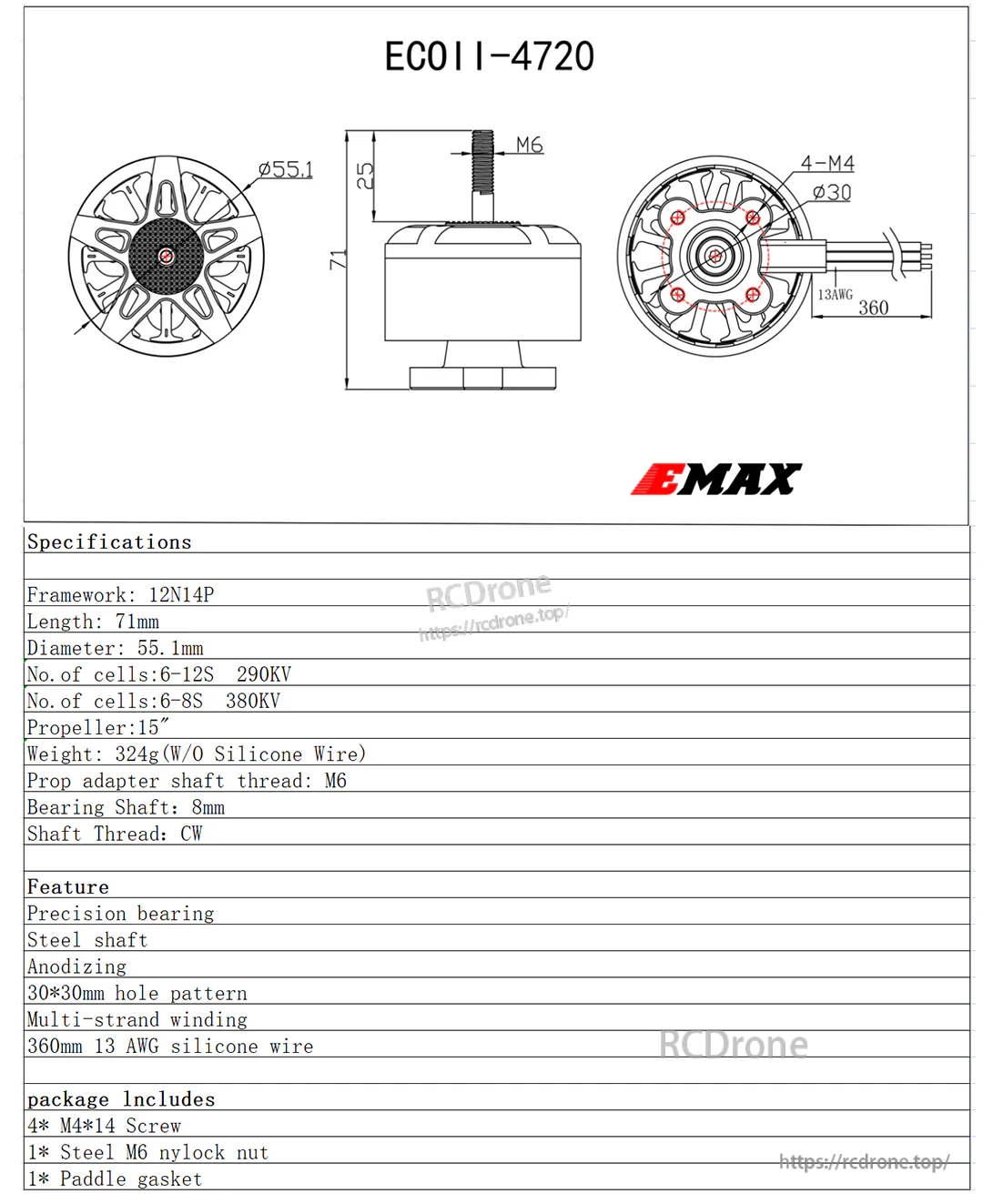 EMAX ECOII-4720 motor dimensions diagram with 55.1×71 mm size, M6 shaft thread, 30×30 mm mount pattern