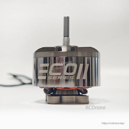 Front view close-up of ECOII Series branding on motor bell with threaded shaft centered