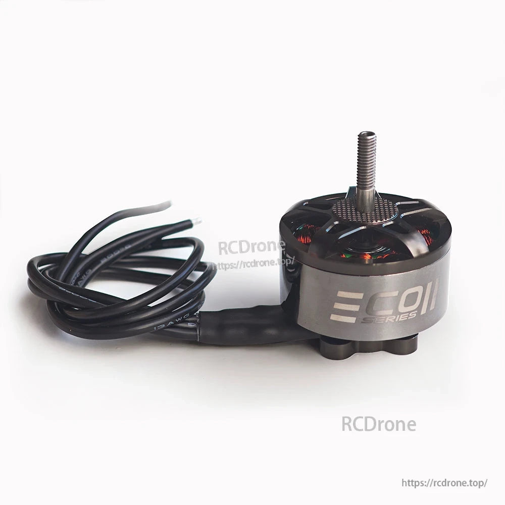 Side profile of ECOII Series motor with attached cable bundle and threaded shaft on white background