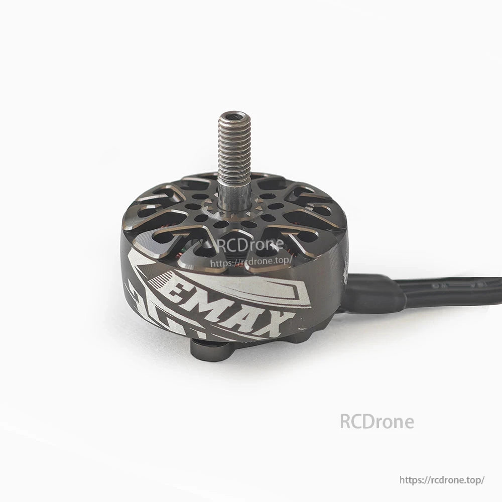 EMAX ECOIII 2808 motor angled view with attached power leads and threaded shaft