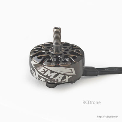 EMAX ECOIII 2808 motor angled view with attached power leads and threaded shaft