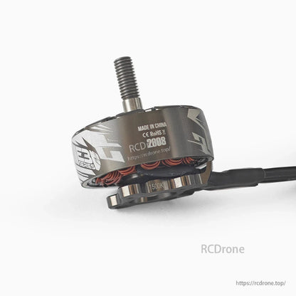 Side view showing printed RC2808 marking and 1500KV label on the motor bell with wire lead