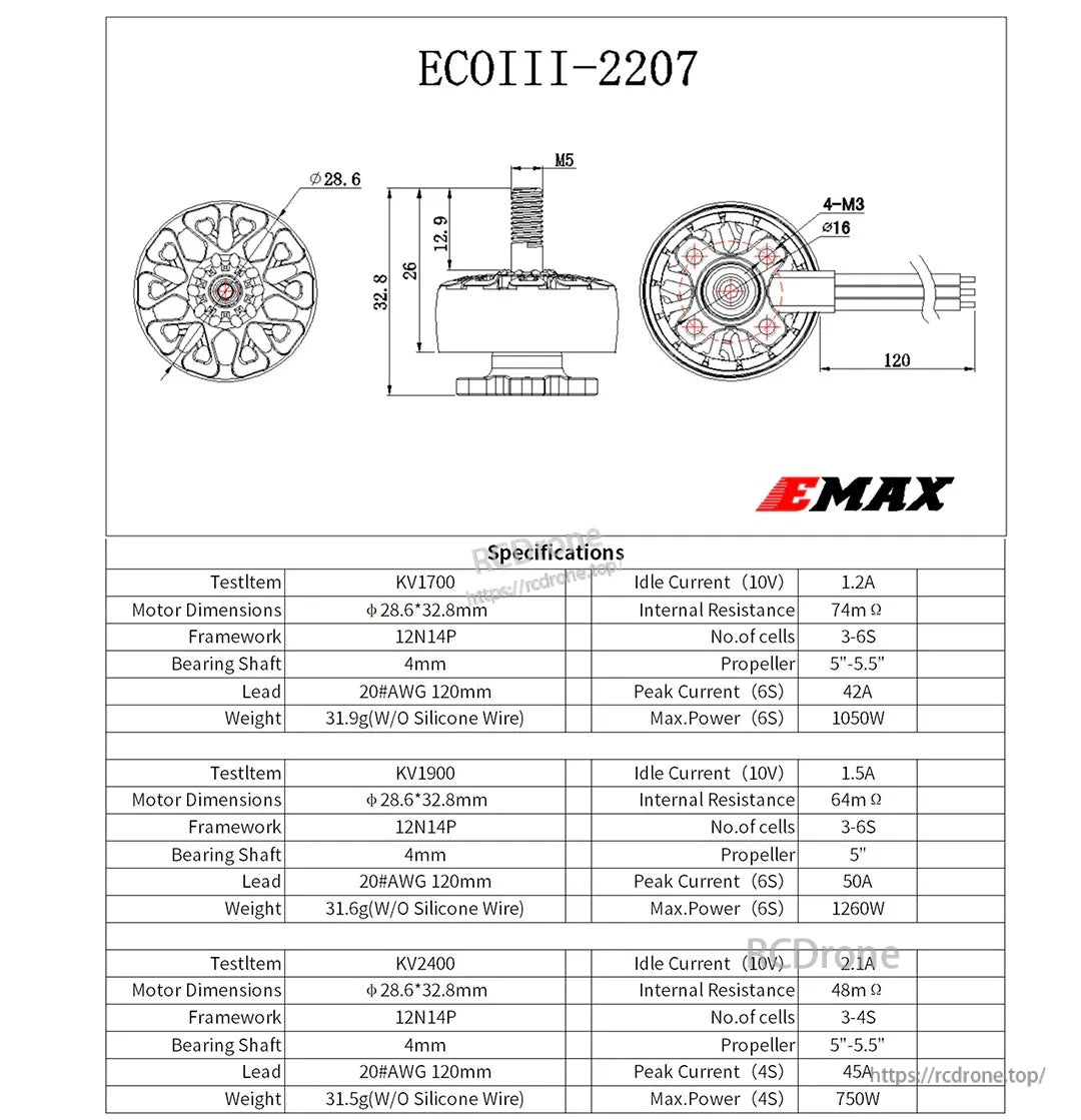 EMAX ECOIII-2207 mechanical drawing with 28.6×32.8 mm dimensions, 16 mm M3 mount pattern, and 120 mm leads