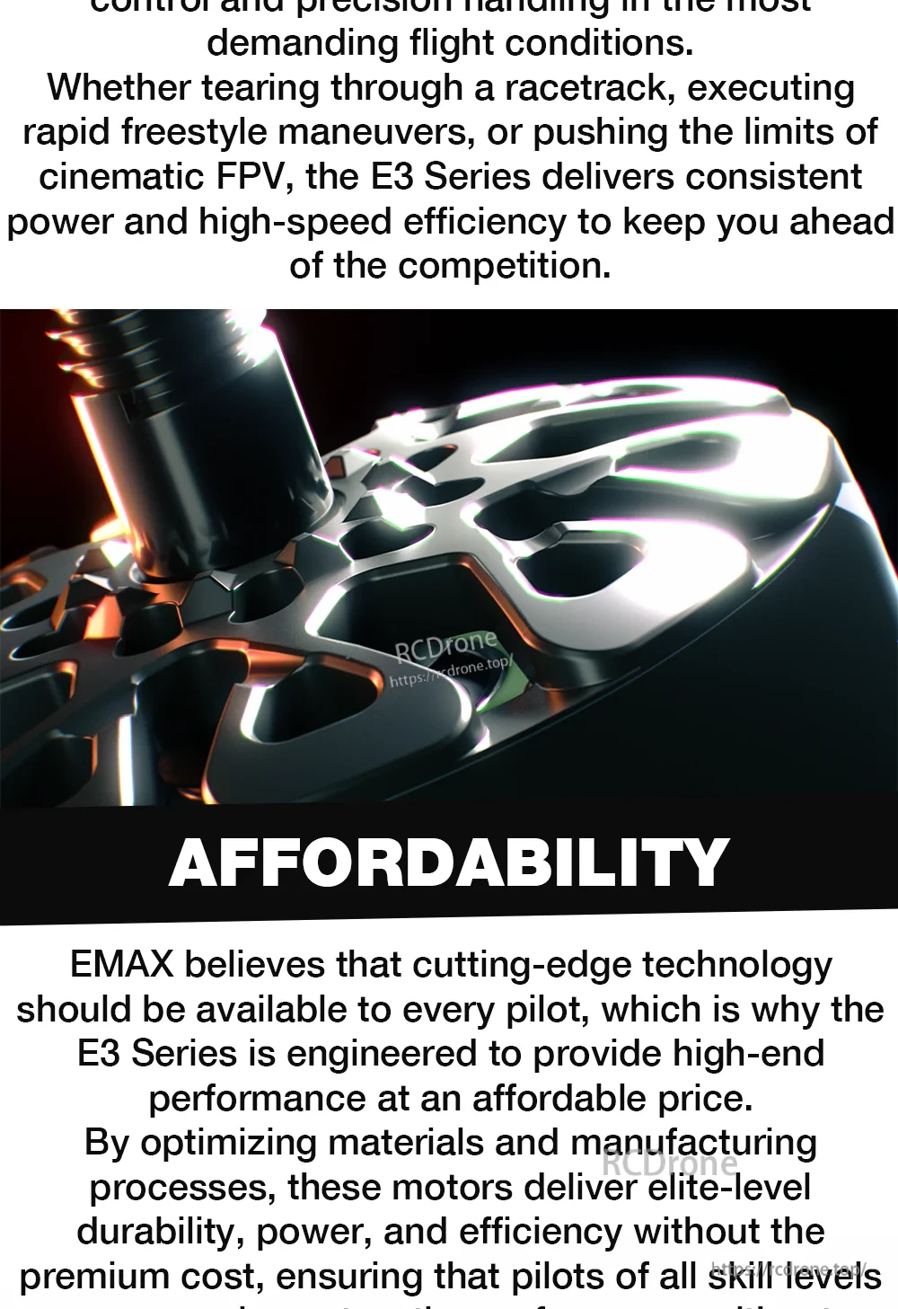 Angled close-up of motor top plate and shaft on EMAX E3 Series 2207-style FPV motor