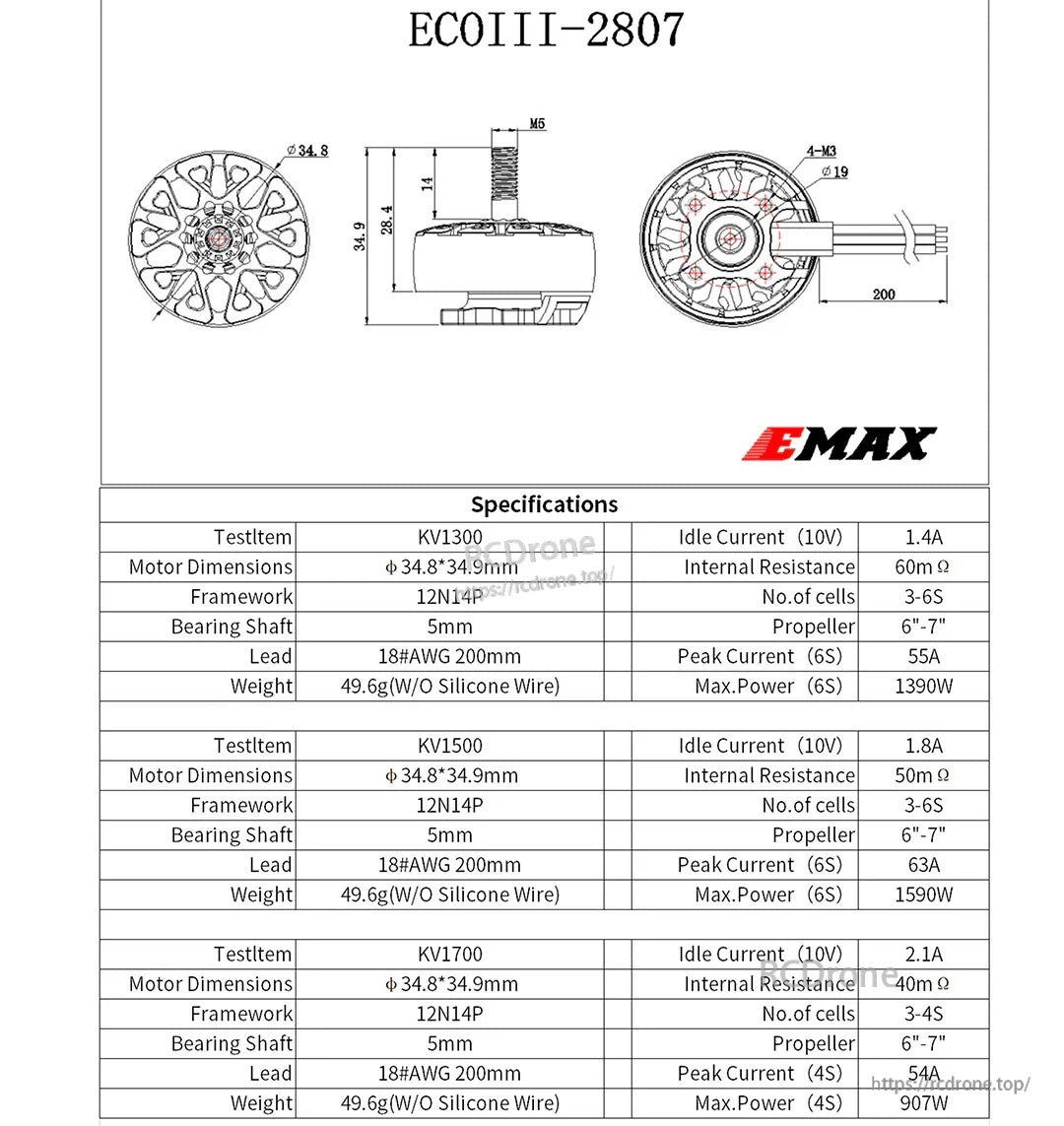 EMAX ECOIII-2807 technical drawing and specifications table with dimensions, 5mm shaft, and KV options