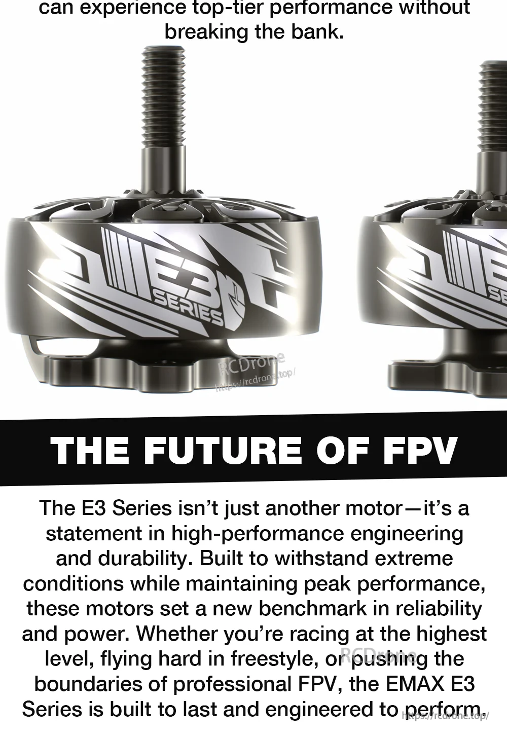 Two E3 Series motor side profiles with ‘The Future of FPV’ performance and durability statement text