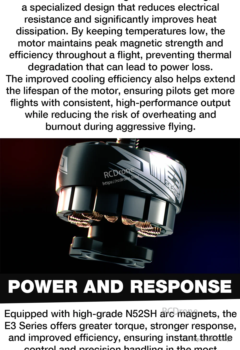 Side view of ECOIII motor with exposed internals, emphasizing magnetic response and smooth power delivery