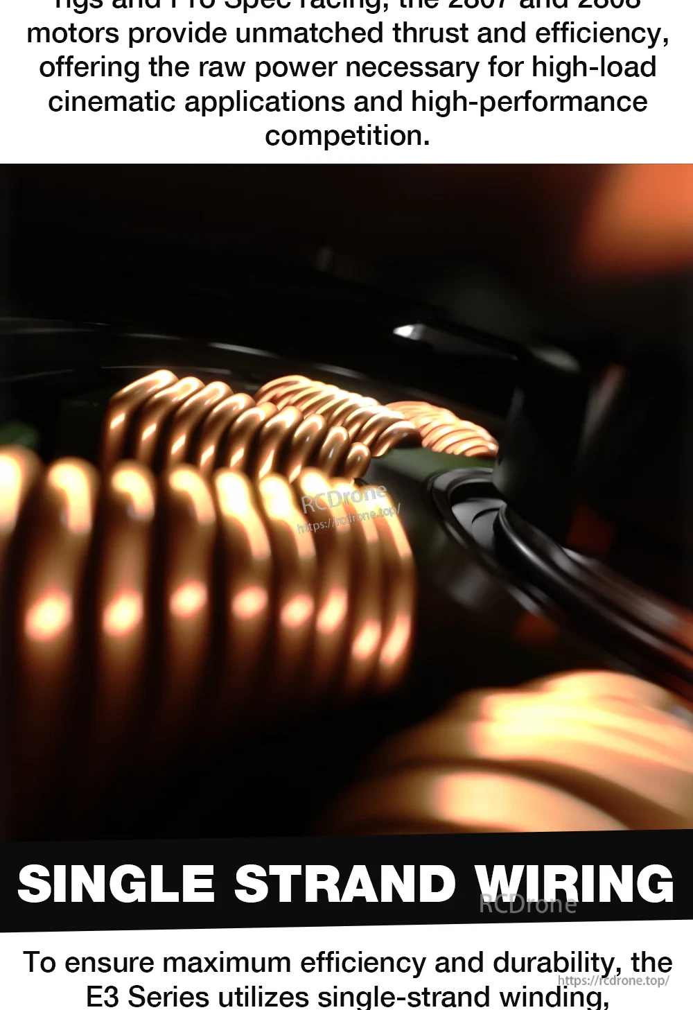 Macro view of single-strand copper winding on FPV motor stator for lower resistance and heat control