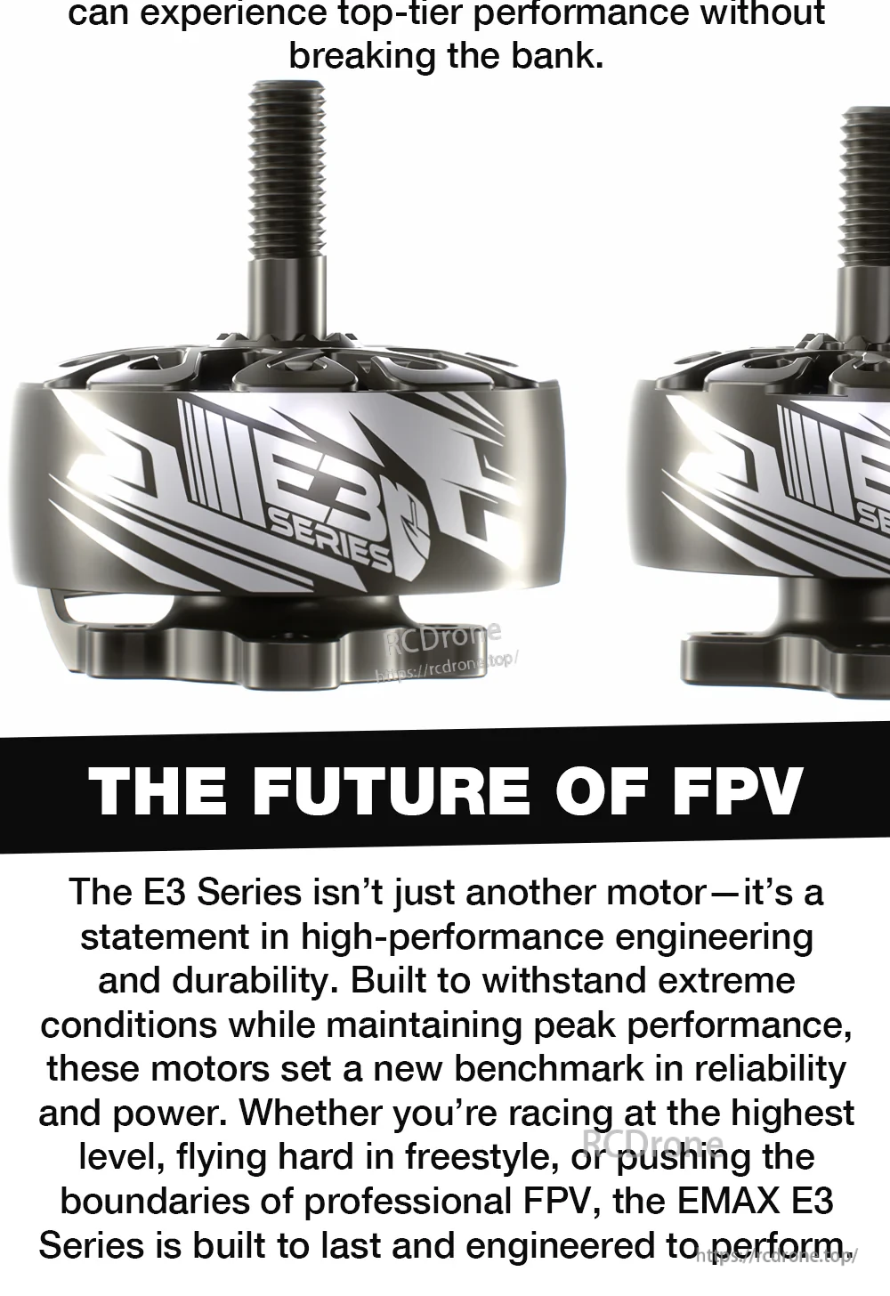 Two EMAX E3 Series motors side-by-side, showing profile, bell graphics, and shaft height