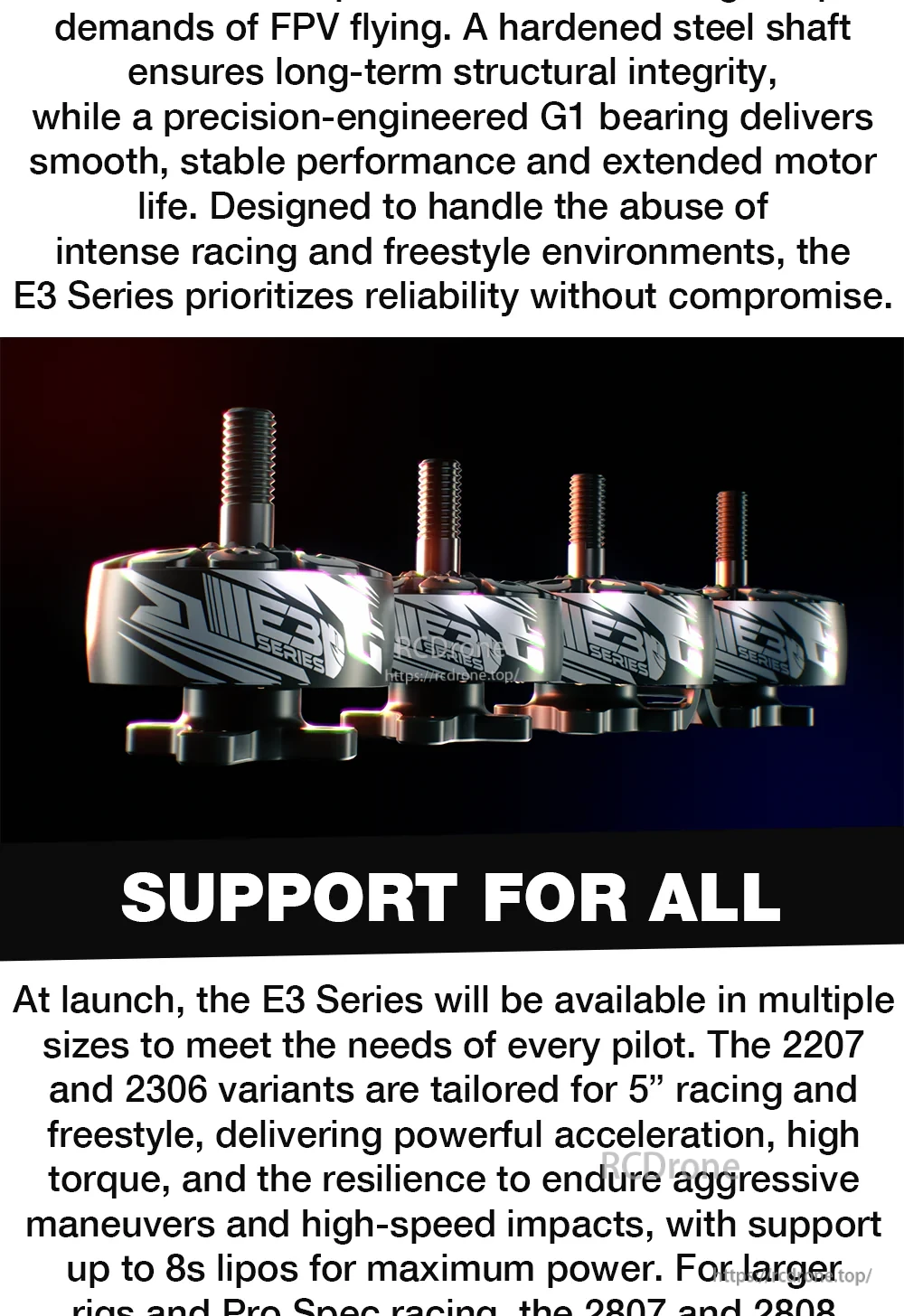 Multiple EMAX E3 Series motors lined up, highlighting matching bell style across different sizes
