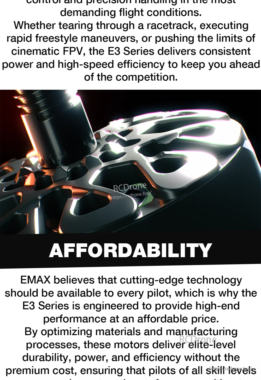 Close-up of ECOIII motor top and shaft, highlighting machined aluminum bell and rugged finish