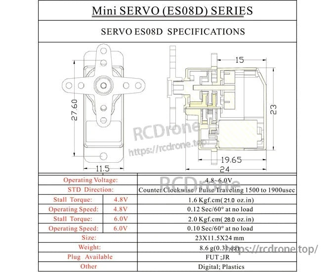 ES08D mini digital servo specification chart with voltage range, torque, speed, weight, and plug options