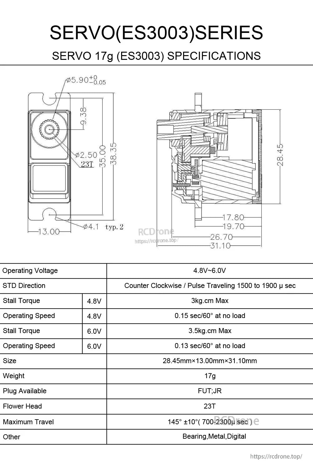 EMAX ES3003 analog servo specs and dimension drawing (17 g, 23T spline, 4.8–6V)
