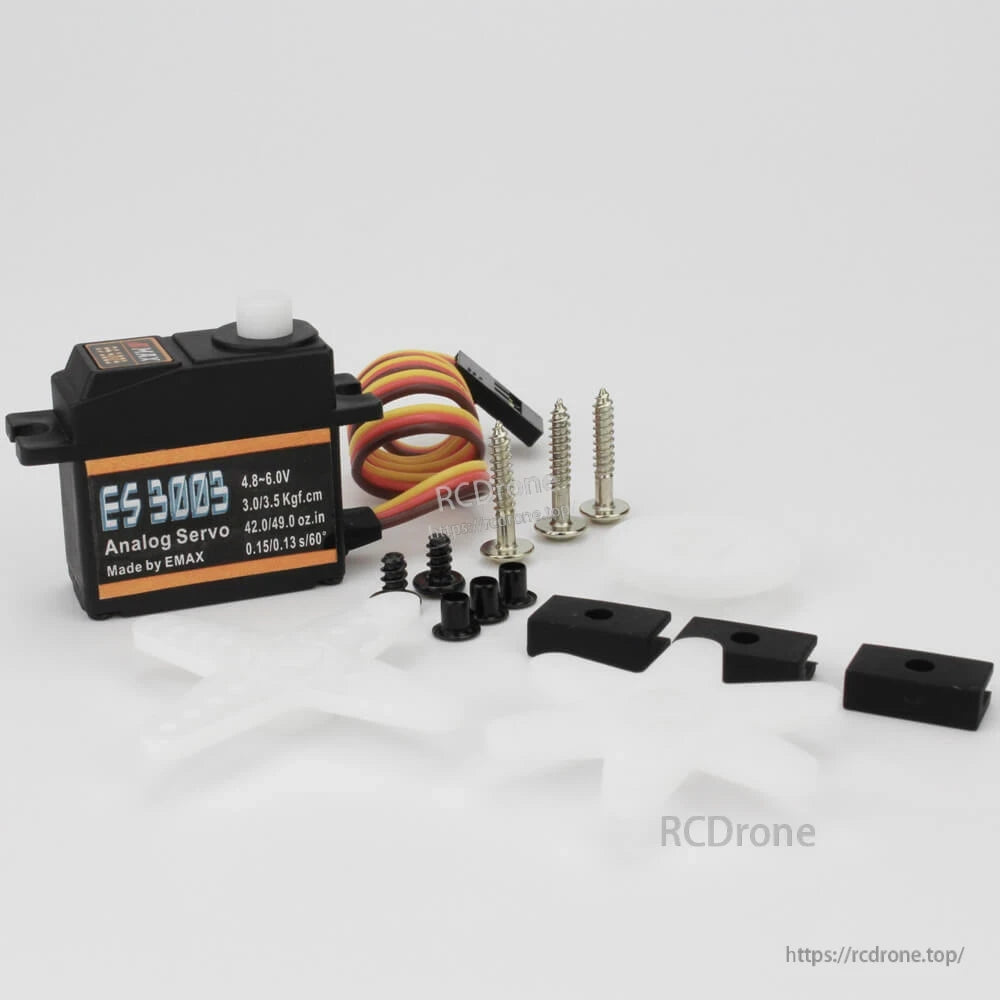 EMAX ES3003 analog servo kit with mounting screws, rubber grommets and plastic brackets