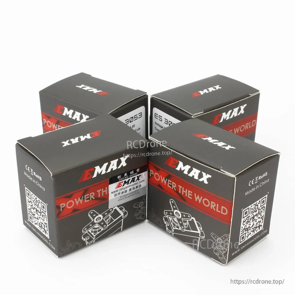 EMAX ES3003 servo retail boxes grouped together, black packaging with QR code panels